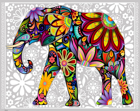 A colorful jigsaw puzzle featuring a cheerful elephant filled with vibrant patterns of flowers and leaves against a grey background. This puzzle showcases a playful and artistic design, perfect for puzzle enthusiasts.