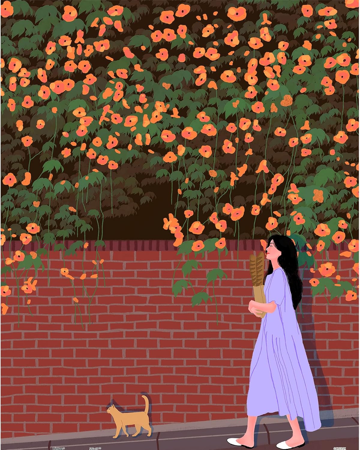 A vibrant illustration of a woman in a flowing lavender dress walking beside a small cat along a brick wall. The scene is adorned with colorful orange flowers climbing the wall, creating a cheerful and whimsical atmosphere. The woman holds a baguette in one arm, adding a charming touch to the peaceful stroll.