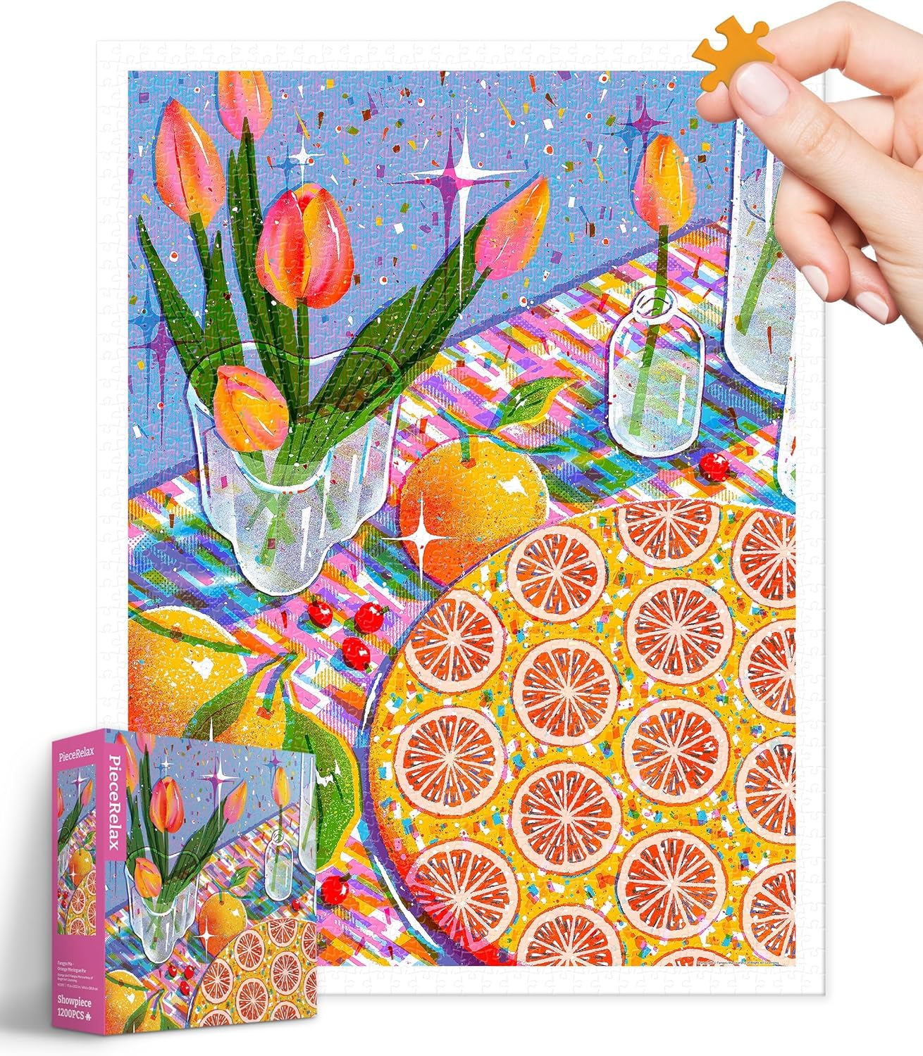 An Orange Meringue Pie jigsaw puzzle featuring a colorful scene with bright orange slices on a table. The background showcases vibrant tulips in a vase and a striped tablecloth, conveying a cheerful and artistic atmosphere. A person is holding a puzzle piece, ready to place it into the puzzle. The puzzle box design is prominently displayed at the bottom left.