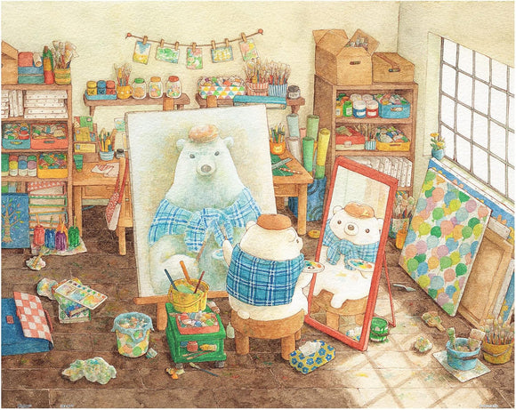 A whimsical jigsaw puzzle illustration featuring a bear in a plaid shirt painting its reflection in a mirror. The background includes a colorful art studio filled with paint supplies, drawings, and an inspiring atmosphere, perfect for creative enthusiasts.