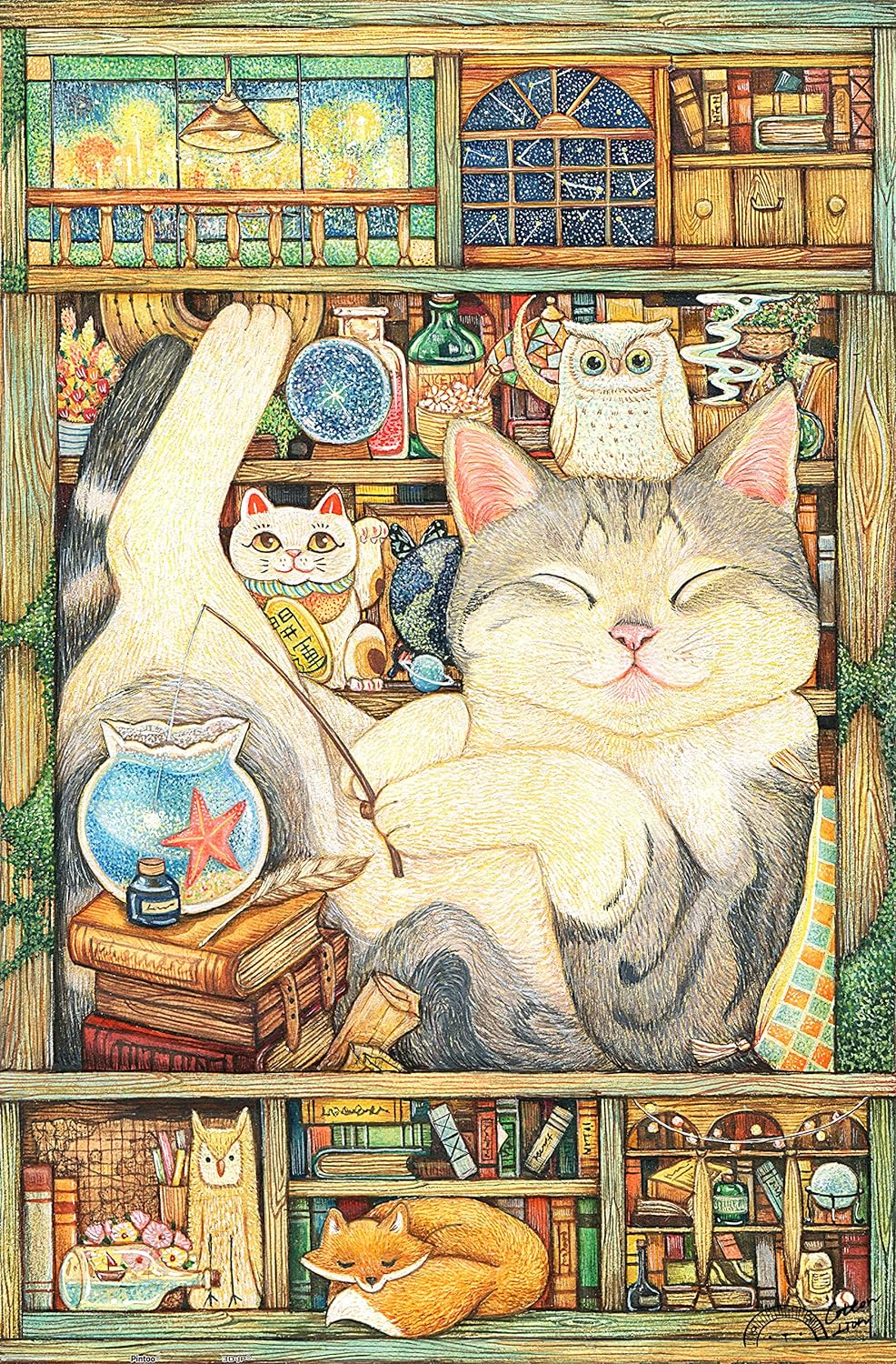 A beautifully illustrated jigsaw puzzle featuring a cozy scene with a relaxed gray and white cat lounging in a well-stocked room. Surrounding the cat are various charming objects, including books, an owl, fishbowl, and small decorative animals, creating a warm, inviting atmosphere that captures a moment of tranquility.