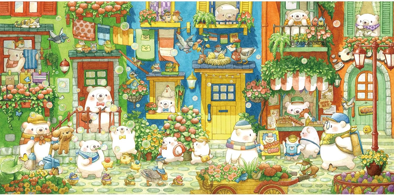 A colorful jigsaw puzzle featuring a charming street scene filled with cheerful animals, including bears and birds, surrounded by flowers and vibrant buildings. The scene depicts a lively neighborhood with various elements like bubbles, signs, and pets, creating a whimsical atmosphere perfect for puzzle enthusiasts.