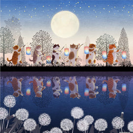 A whimsical jigsaw puzzle featuring a nighttime scene with adorable cats holding lanterns. The background showcases a glowing full moon, serene trees, and a reflective water surface adorned with dandelions, creating a magical atmosphere for cat lovers and puzzle enthusiasts.