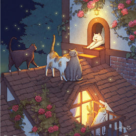 A whimsical jigsaw puzzle featuring a serene night scene on a rooftop with several cats. One cat is lounging at a window, while others interact on the roof surrounded by blooming roses and soft, glowing lights.