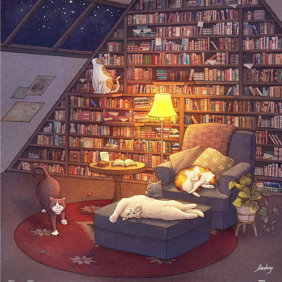 A cozy jigsaw puzzle scene of a library with shelves filled with colorful books, a warm glow from a lamp, and several cats lounging on a comfy chair and floor. The atmosphere is calm, inviting, and perfect for cat lovers and book enthusiasts.