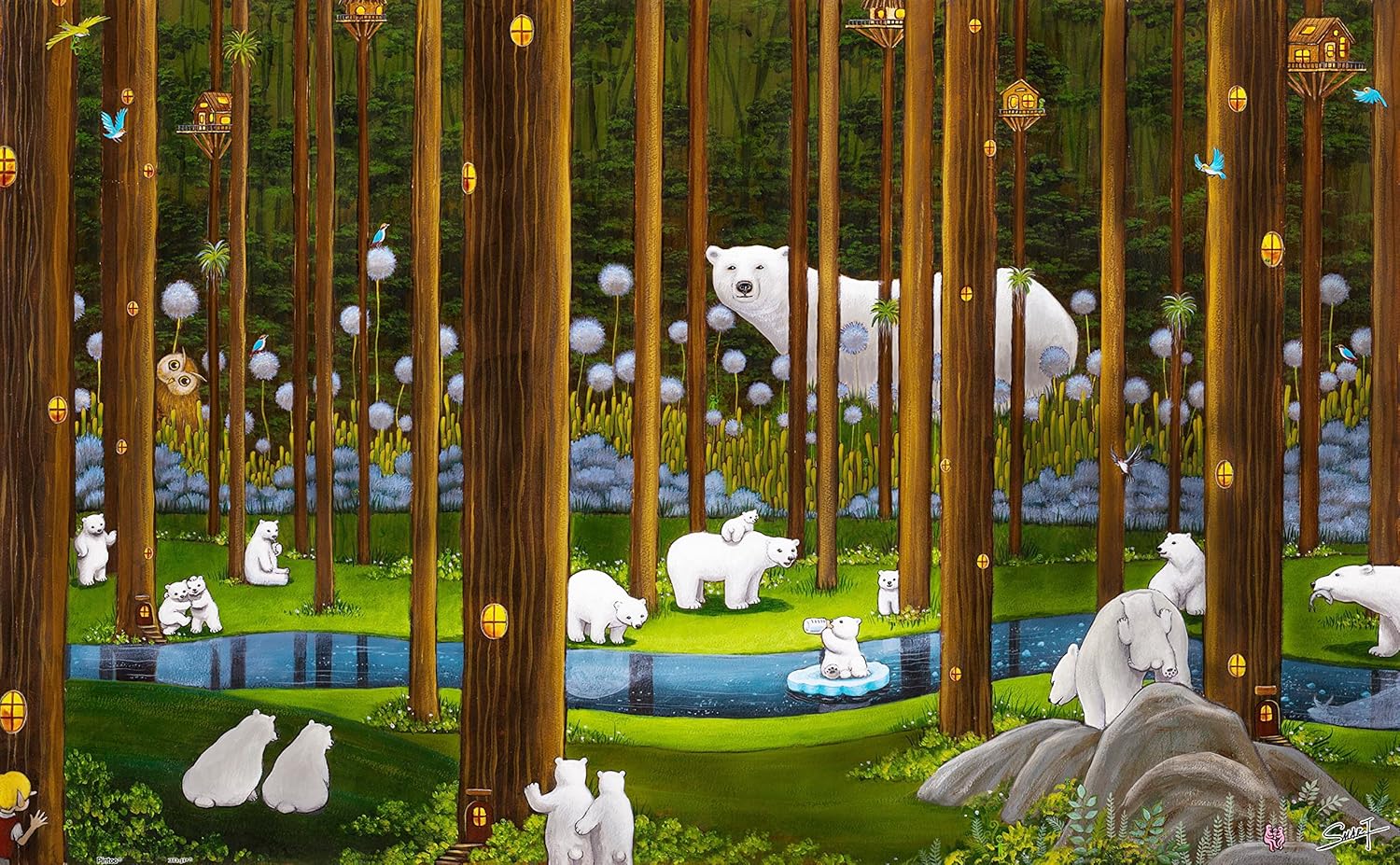 A whimsical jigsaw puzzle featuring polar bears in a lush forest. The scene includes white polar bears interacting with their surroundings, vibrant trees, a serene pond, and playful bird designs. Various bears are depicted in delightful positions, with treehouses and colorful flora making the landscape lively and enchanting.