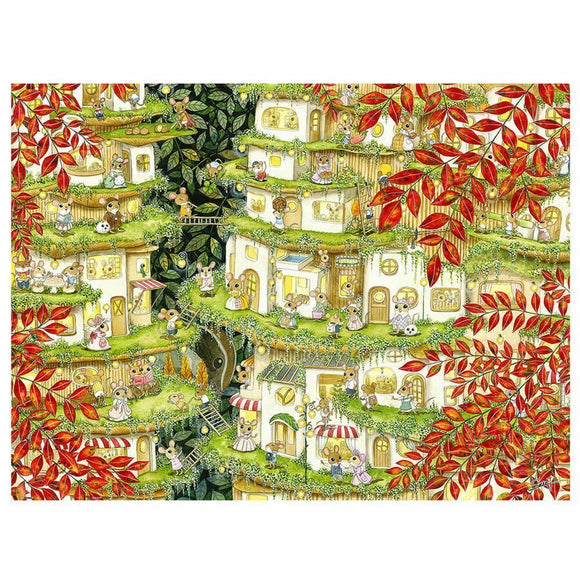 A vibrant jigsaw puzzle titled "SMART - Sweet Home" by Pintoo Corporation, featuring a whimsical illustration of cute animals in a detailed neighborhood setting with various buildings, greenery, and colorful autumn leaves.