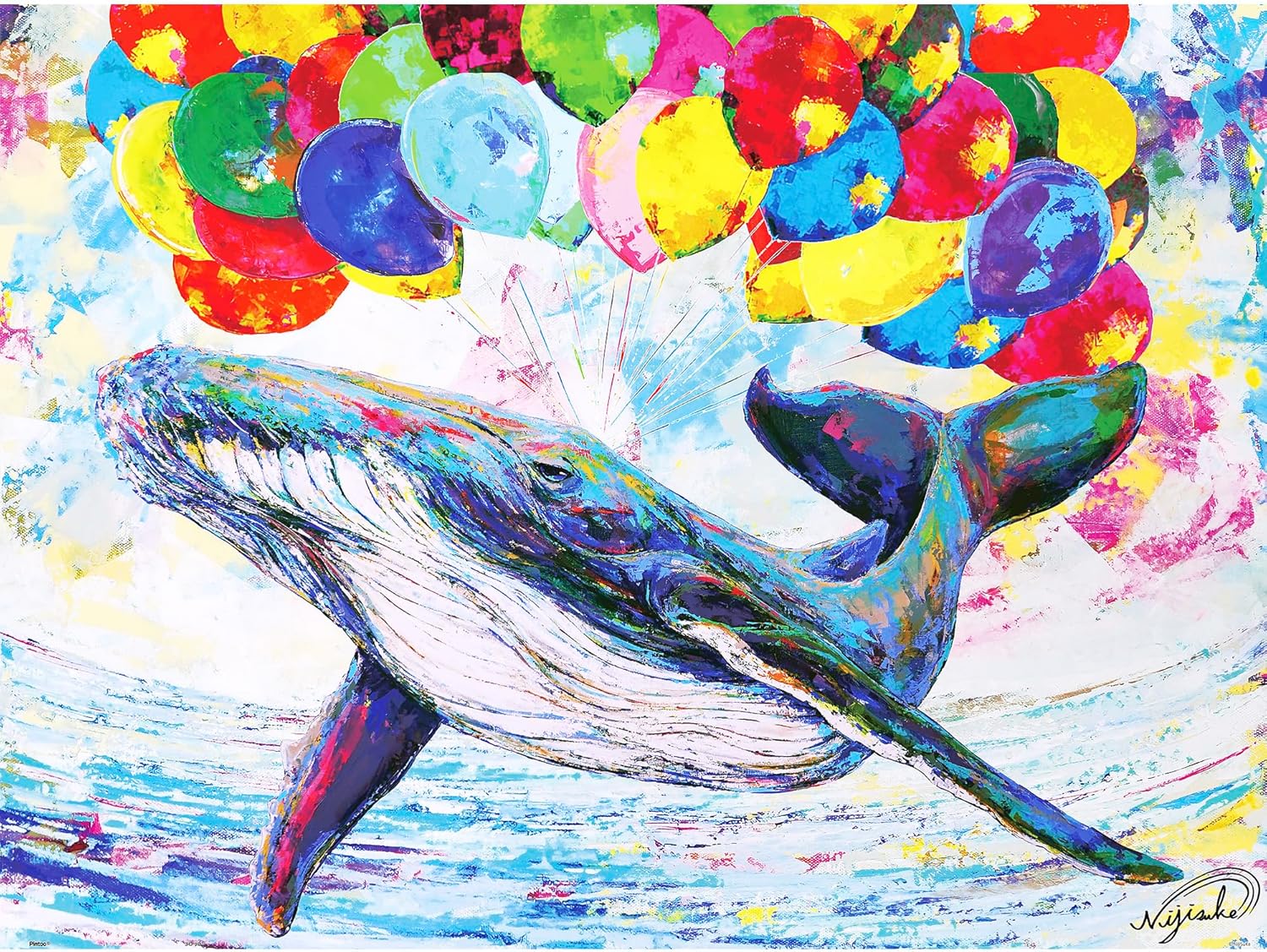 A vibrant jigsaw puzzle featuring a colorful whale swimming joyfully amidst a cascade of multicolored balloons, with a bright and abstract background. The design showcases bold colors and dynamic shapes, appealing to puzzle enthusiasts.