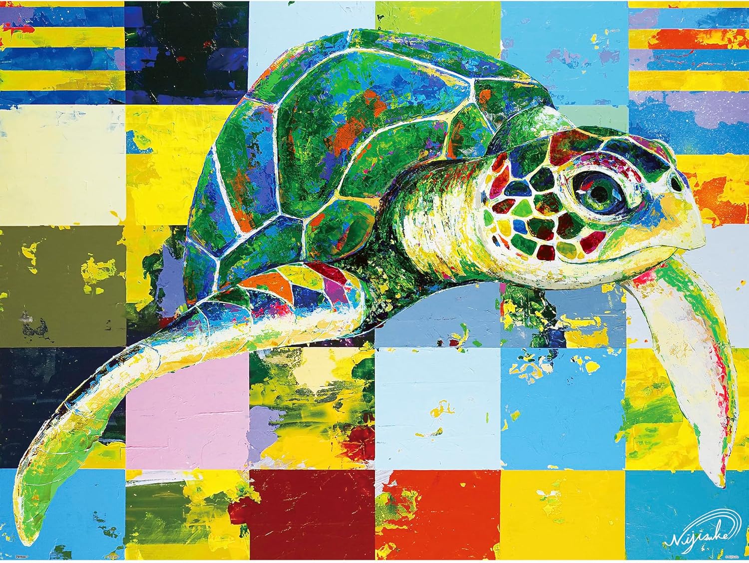 A vibrant jigsaw puzzle featuring a colorful green sea turtle design. The turtle is depicted swimming against a backdrop of abstract colorful squares in shades of blue, yellow, and green, adding a lively artistic flair to the image.