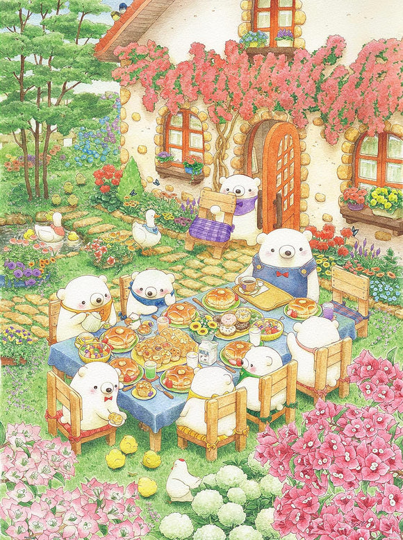 A whimsical jigsaw puzzle featuring a vibrant gathering of adorable cartoon bears enjoying a pancake party outside a charming house. The table is filled with delicious food, including pancakes, colorful candies, and drinks, surrounded by a beautiful garden with flowers and ducks.
