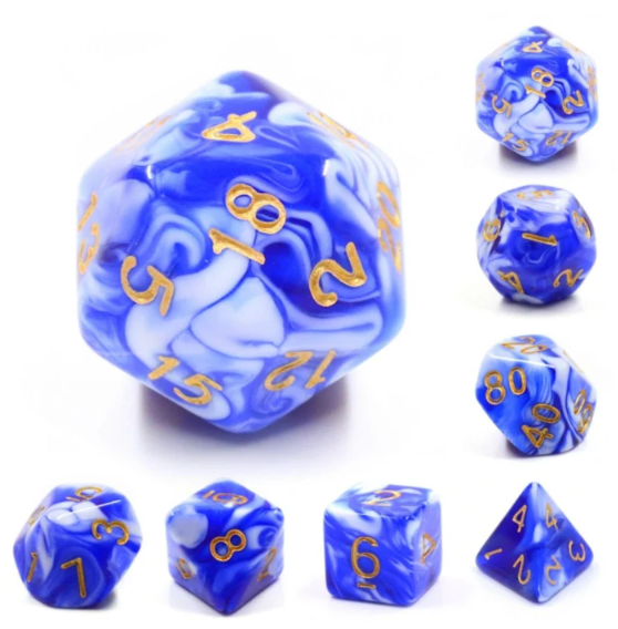 A beautiful set of blue porcelain RPG dice, featuring a marbled design with shades of blue and white. Each die has bold, golden numbers, enhancing visibility. The set includes various polyhedral shapes suitable for tabletop games, perfect for enhancing your gaming experience.