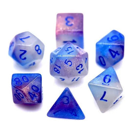 A set of colorful, translucent polyhedral dice featuring a gradient of blue and purple hues. The dice have numerals in bright blue and include various shapes such as a d20, d6, d10, and d4, each glimmering with a sparkling finish, perfect for tabletop gaming.