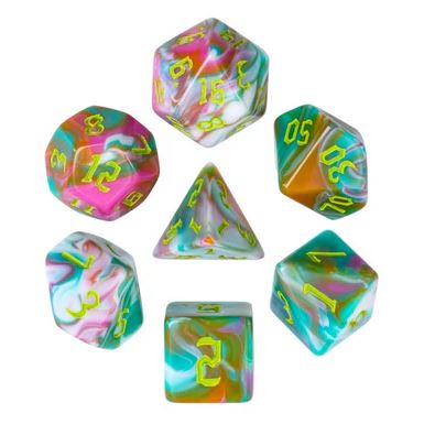 Teal Sunrise RPG Dice Set featuring seven intricately designed polyhedral dice in vibrant teal, pink, and orange colors with bright yellow numbering, perfect for tabletop games.