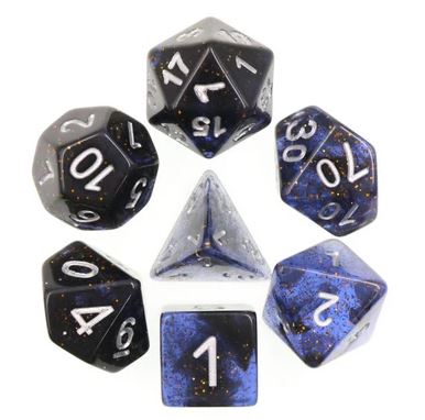 A vibrant Clear Night Sky RPG Dice Set featuring seven polyhedral dice in shades of deep blue and black with shimmering gold accents. Each die showcases clear, easy-to-read numbers, enhancing your tabletop gaming experience. Perfect for Dungeons & Dragons and other role-playing games.