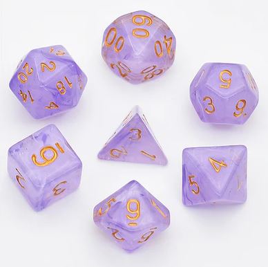 A collection of seven translucent purple RPG dice with gold numbering, including various shapes such as d20, d12, d10, d8, d6, and d4, ideal for tabletop gaming.