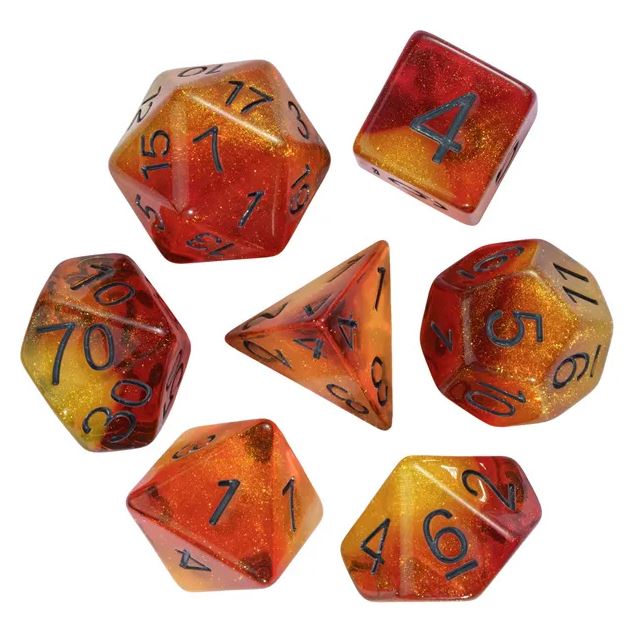 A vibrant Fiery Sweets RPG Dice Set featuring seven dazzling polyhedral dice in shades of red, orange, and yellow, showcasing intricate black numbers and a shimmering finish, perfect for tabletop gaming.