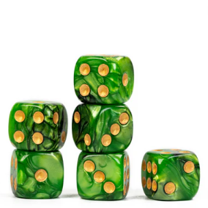 A set of six green marble-effect D6 dice with gold pips stacked in two columns. The dice are designed with a vibrant green color that blends various shades, creating a striking visual appeal, ideal for board games and tabletop gaming.