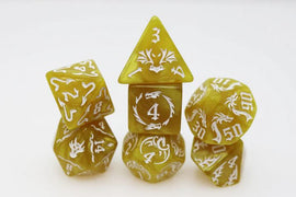 A collection of six colorful RPG dice from Drake's Flight: Lightning RPG, featuring unique dragon-themed designs and numbers. The dice are yellow with white engravings, including a pyramid-shaped die and various polyhedral shapes.