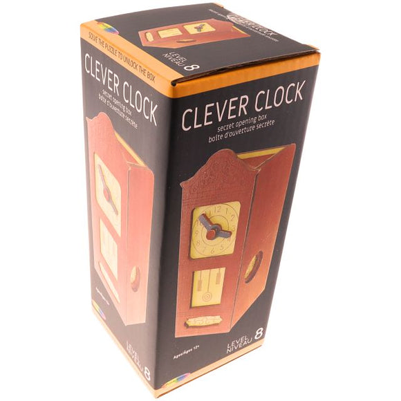 Clever Clock Puzzle by Puzzle Master, a mechanical puzzle designed as a secret opening box. The packaging showcases a vintage clock design with an intricate dial and distinctive wooden texture. Suitable for puzzle enthusiasts, it features a difficulty level of 8, encouraging problem-solving and critical thinking skills.