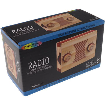 Puzzle Master Radio Secret Opening Box, a challenging mechanical puzzle designed to unlock through solving intricate mechanisms. Features a wooden box styled like a vintage radio, with dials and a decorative grille. Recommended for ages 12 and up, this puzzle offers an engaging experience for enthusiasts.