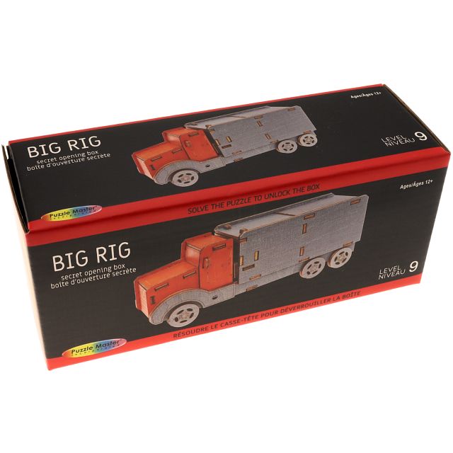 The Big Rig Puzzle Box by Puzzle Master is a mechanical puzzle designed to resemble a large truck. It features intricate details and serves as a secret opening box, challenging users to solve the puzzle to unlock its contents. The packaging displays the product clearly, showcasing its unique design and complexity, classified as a level 9 difficulty puzzle for ages 17 and up.