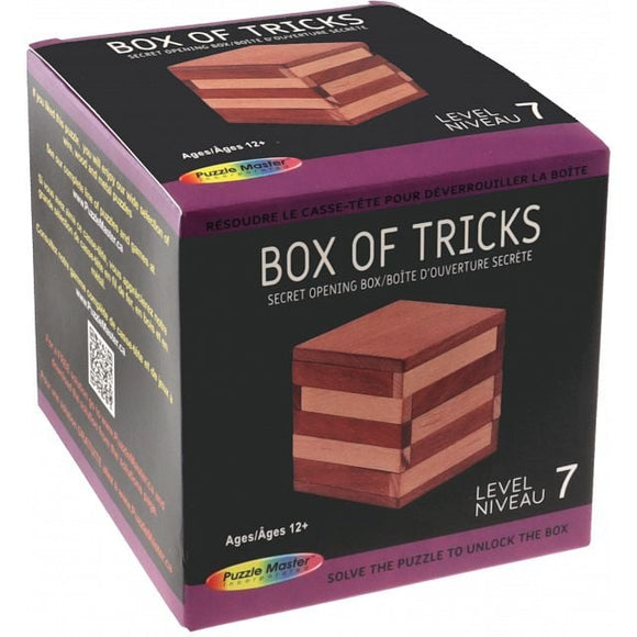 Box of Tricks mechanical puzzle by Puzzle Master is a wooden box with layered stripes. It features a secret opening mechanism, designed for ages 12 and older. The puzzle challenges users to unlock the box through strategic manipulation, enhancing problem-solving skills and providing engaging brain-teasing fun.
