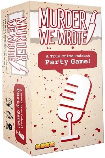 Murder We Wrote game box featuring bold red lettering on a speckled beige background. The box includes a graphic of a microphone, emphasizing its theme as a true crime podcast party game, designed for engaging group play.