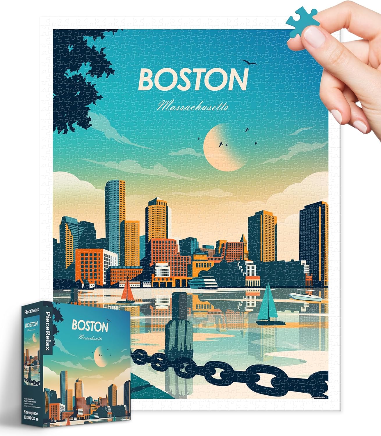 A colorful jigsaw puzzle of Boston featuring the skyline and water reflections. The puzzle has pieces being assembled, showing the iconic cityscape at sunset with buildings and boats. The packaging of the puzzle is shown alongside, displaying the vibrant design and brand name 'Pintoo Corporation'.