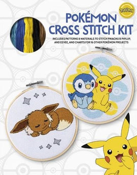 Pokémon Cross Stitch Kit by David & Charles featuring colorful embroidery threads, patterns, and materials to create designs of Pikachu, Piplup, Evee, and more. Includes charts for 16 Pokémon projects, displayed alongside finished stitches in circular hoops.