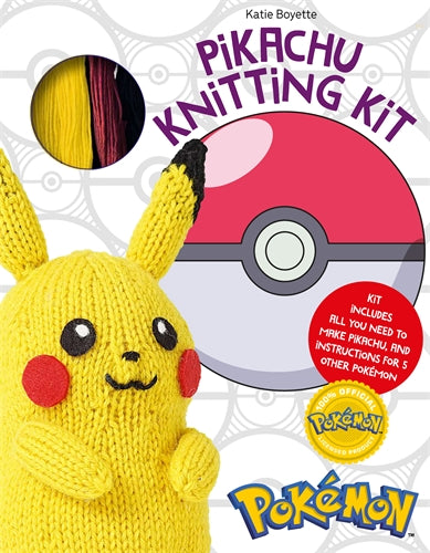 Pikachu Knitting Kit by David & Charles, featuring a cozy, knitted Pikachu character with bright yellow yarn and a classic Pokéball design in the background. The kit includes all necessary materials to create Pikachu and instructions for making five other Pokémon, promoting creativity and fun for fans of all ages.