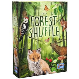 Packaging of the game 'Forest Shuffle' by Lookout Games, featuring vibrant illustrations of forest animals including a fox, deer, and woodpecker. The background showcases lush greenery and whimsical forest elements like mushrooms and butterflies.