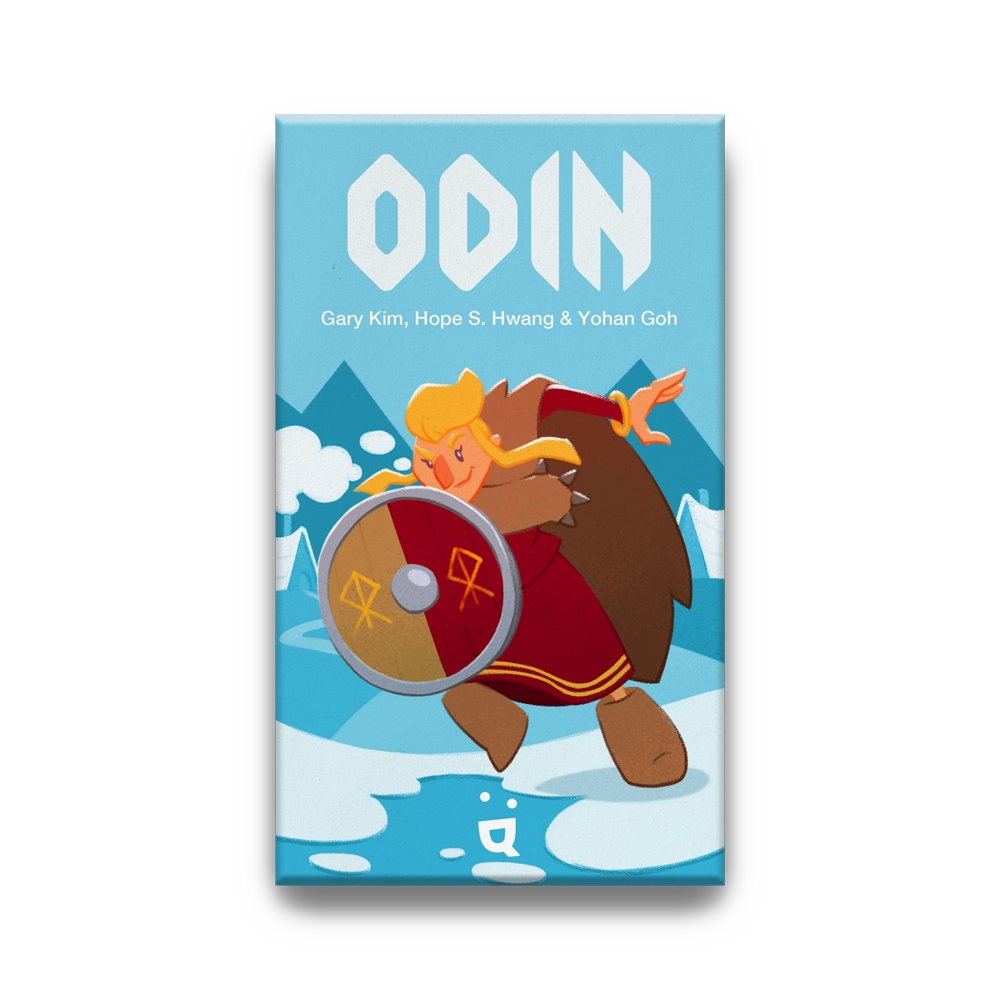 Odin game by Helvetiq featuring vibrant artwork of a warrior with a shield, set against a backdrop of mountains and clouds. The title 'ODIN' is prominently displayed at the top, along with the creators' names.