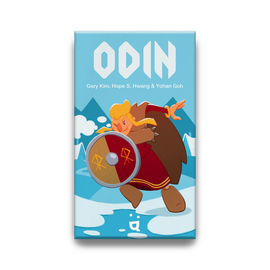 Odin game by Helvetiq featuring vibrant artwork of a warrior with a shield, set against a backdrop of mountains and clouds. The title 'ODIN' is prominently displayed at the top, along with the creators' names.