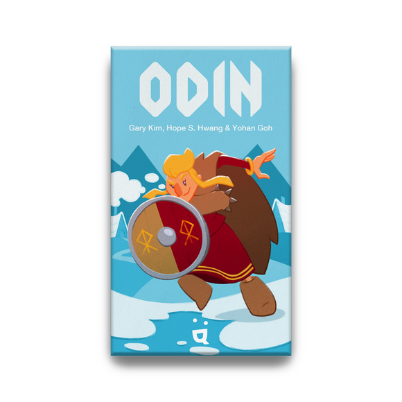 Odin game by Helvetiq featuring vibrant artwork of a warrior with a shield, set against a backdrop of mountains and clouds. The title 'ODIN' is prominently displayed at the top, along with the creators' names.