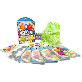 Azul: Summer Pavilion - Mini game by NEXT MOVE GAMES displayed with colorful tiles, game boards, scoring sheets, and a green drawstring bag. The box showcases an intricate design that reflects the game's thematic elements.