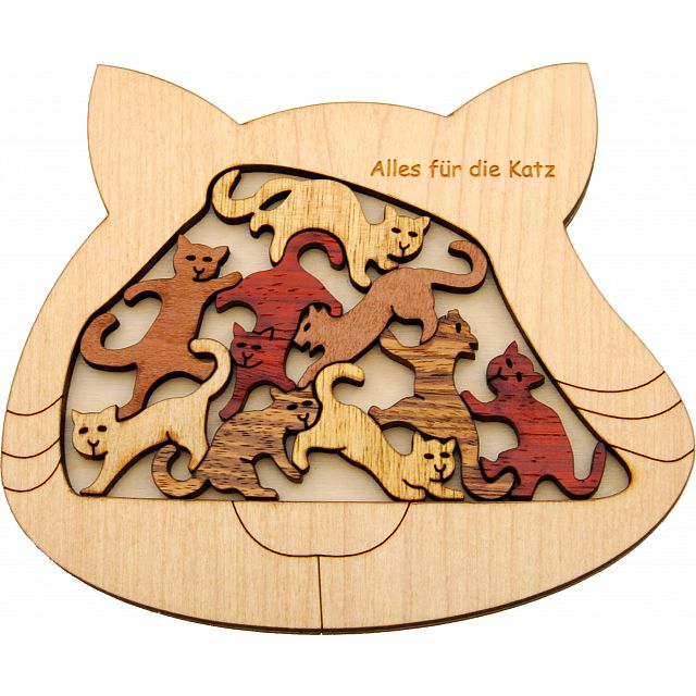 Katzen Micro by Jean Claude is a beautifully crafted mechanical puzzle featuring intricately designed wooden cats in various colors. The puzzle is shaped like a cat's face and invites users to engage in a playful, challenging experience while exploring the natural textures and tones of the wood. The phrase 'Alles für die Katz' is elegantly engraved, adding charm to this unique piece.