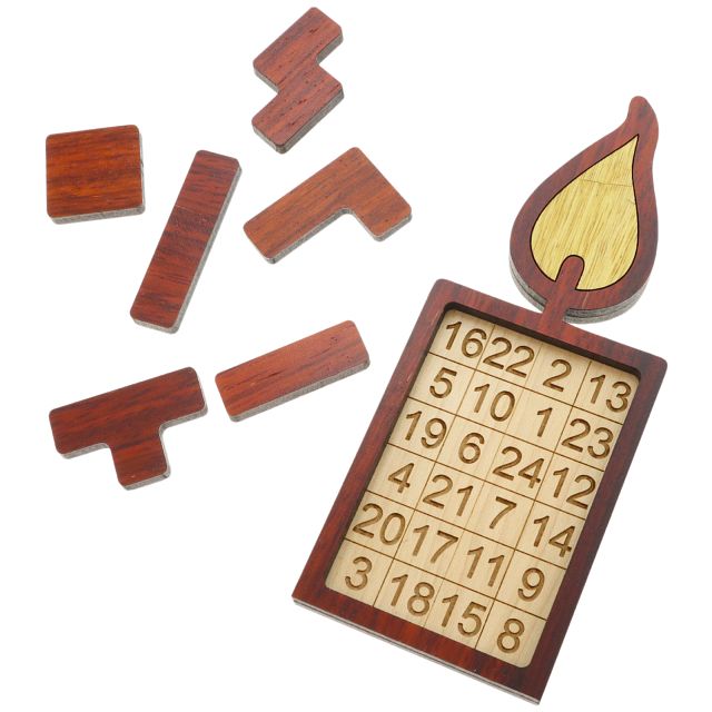 A intricately designed mechanical puzzle named 'Kerze' by Jean Claude. The puzzle features a wooden tray that resembles a candle flame, with numbered slots for inserting various shaped wooden pieces scattered around it. The pieces include various configurations resembling geometric shapes, crafted from rich, dark wood, ideal for enhancing cognitive skills and providing engaging entertainment.