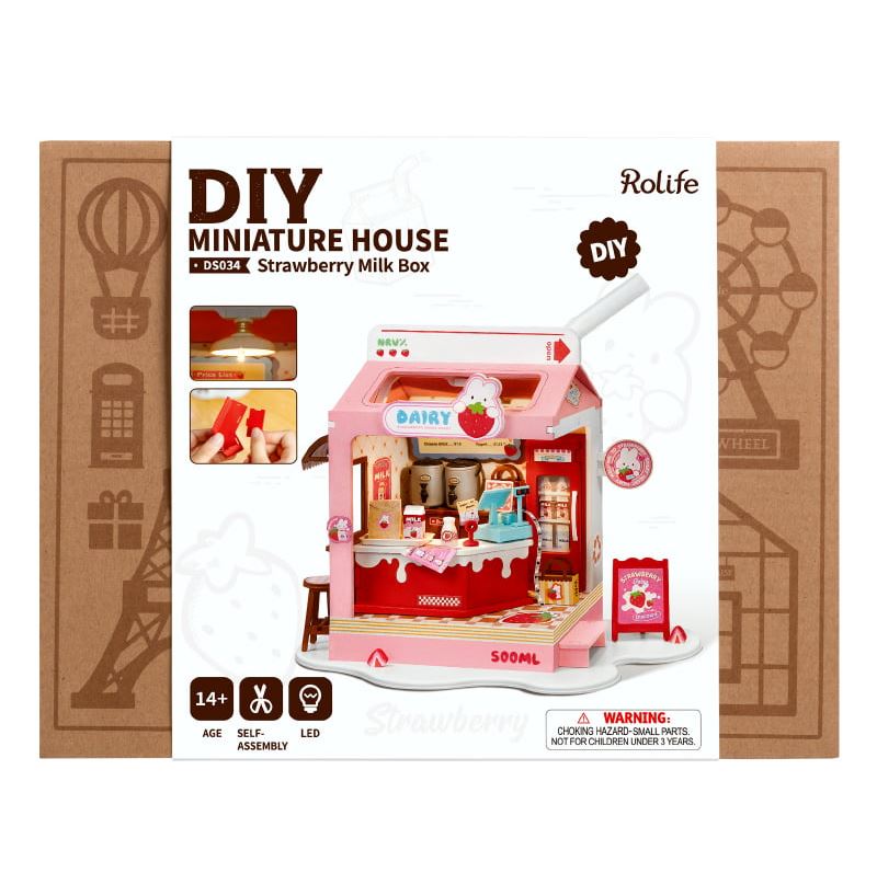 The Strawberry Milk Box Model by Robotime is a DIY miniature house kit featuring a charming design reminiscent of a milk box. The kit includes detailed instructions for self-assembly and is suitable for ages 14 and up. The vibrant pink color and cute decorations make it an attractive addition to any collection. It also includes LED lights for added effect, enhancing the overall whimsical appeal of the completed model.