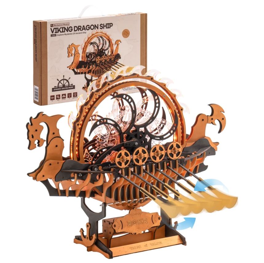 The Viking Dragon Ship by Robotime is an intricate DIY kit showcasing a detailed model of an ancient Viking ship. It features ornate carvings and a dynamic mechanism that brings the ship to life, visible are the dragon heads at the prow and multiple paddles that create motion when activated. The packaging is also displayed in the background, emphasizing its educational and entertaining value for enthusiasts of mechanical puzzles.