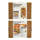 The Floral Corner Book Nook by Robotime is a creatively designed DIY kit featuring a miniature floral market scene with vibrant colors and intricate details. The packaging showcases the assembled model along with tools and warning information, perfect for craft enthusiasts looking to personalize their home decor.
