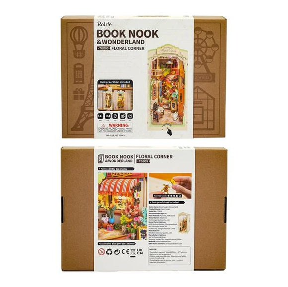 The Floral Corner Book Nook by Robotime is a creatively designed DIY kit featuring a miniature floral market scene with vibrant colors and intricate details. The packaging showcases the assembled model along with tools and warning information, perfect for craft enthusiasts looking to personalize their home decor.
