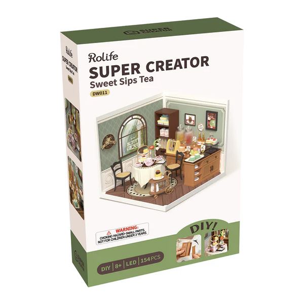 Sweet Sips Tea DIY kit by Robotime, featuring a beautifully designed miniature tea room with detailed furnishings, table settings, and LED lighting. The package contains 154 pieces and is suitable for ages 8 and up. Ideal for creative minds and DIY enthusiasts.