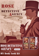The Rose Detective Agency Bookend DIY kit features a vintage design with an illustration of a detective holding a pipe. The packaging showcases detailed images of bookends that create a cozy reading nook atmosphere, complete with a backdrop of a city map. It's perfect for book lovers and DIY enthusiasts.