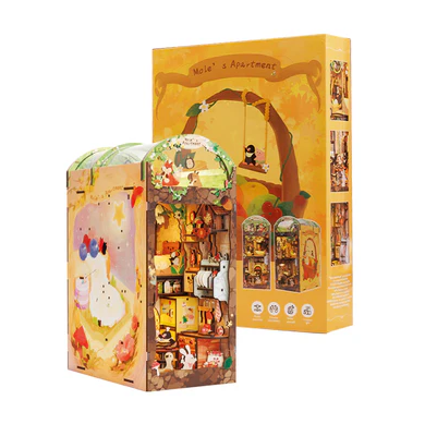 Mole's Apartment DIY Bookend by Cute Bee, showcasing a charming design featuring colorful animals and a cozy interior. The bookend is made from high-quality materials and is designed to add a whimsical touch to home decor. The packaging displays the vibrant artwork and details about the DIY kit, perfect for creative enthusiasts.