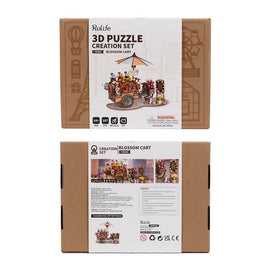 Blossom Cart Model by Robotime, a detailed DIY kit featuring a 3D puzzle creation set. The packaging highlights colorful elements like fruits and signage, designed for ages 14 and up. No glue or tools required, making it accessible and simple to assemble.