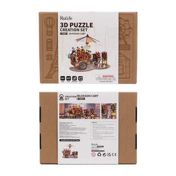 Blossom Cart Model by Robotime, a detailed DIY kit featuring a 3D puzzle creation set. The packaging highlights colorful elements like fruits and signage, designed for ages 14 and up. No glue or tools required, making it accessible and simple to assemble.