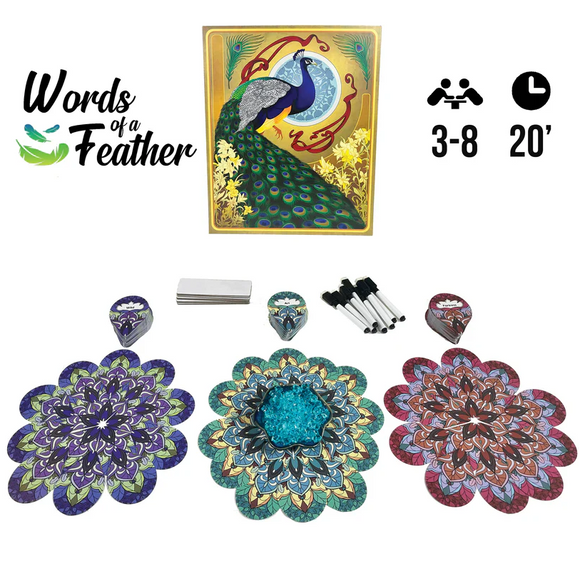Words of a Feather game by DIRE WOLF DIGITAL featuring a beautifully illustrated peacock on the box. Includes colorful game pieces such as flower-shaped boards and markers for dynamic play, suitable for 3-8 players with a duration of approximately 20 minutes.