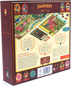The back of the Harvest board game box by Keymaster Games. Features colorful artwork depicting characters such as Remi, Floyd, Leland, and Mick. The game is designed for 1-4 players, aged 10 and up, with a playtime of 30-70 minutes. The description outlines features like worker placement, turn order tactics, and farming strategies, showcasing vibrant illustrations of crops, animals, and game components.