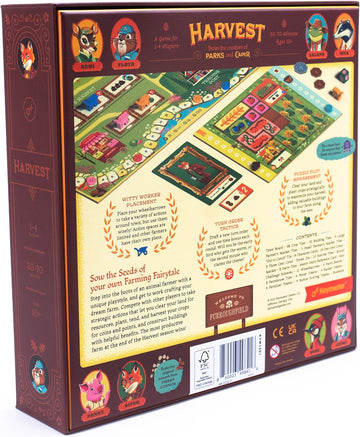 The back of the Harvest board game box by Keymaster Games. Features colorful artwork depicting characters such as Remi, Floyd, Leland, and Mick. The game is designed for 1-4 players, aged 10 and up, with a playtime of 30-70 minutes. The description outlines features like worker placement, turn order tactics, and farming strategies, showcasing vibrant illustrations of crops, animals, and game components.