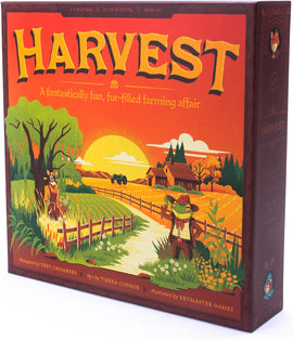 The board game 'Harvest' by Keymaster Games features vibrant artwork on the box, depicting a scenic farm landscape at sunset. It includes playful animal characters, a tractor, and a fence, highlighting the game's fur-filled farming theme. Designed for 1-4 players, ages 10 and up, with a playtime of 30-70 minutes.